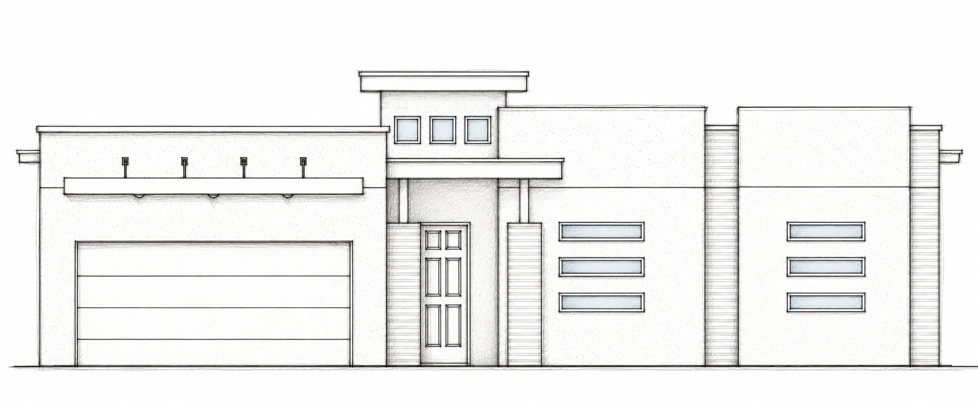 McKINLEY A hand-drawn 2D architectural sketch of a contemporary flat-roof front elevation with a left two-car garage and recessed central entry.