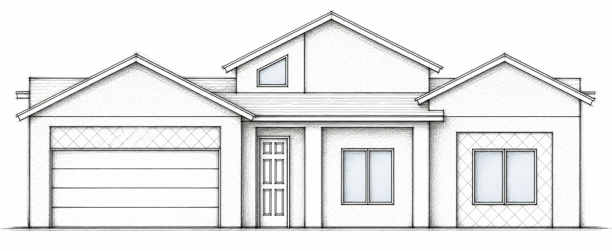 McKINLEY B hand-drawn 2D architectural sketch of a multi-gabled front elevation with a left two-car garage and recessed central entry.