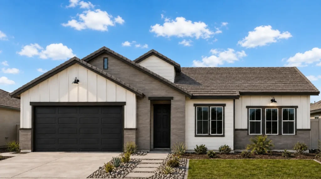 McKinley by Rise Homes with layered gables, a recessed central entry, left-side two-car garage, and dark-trimmed front windows.