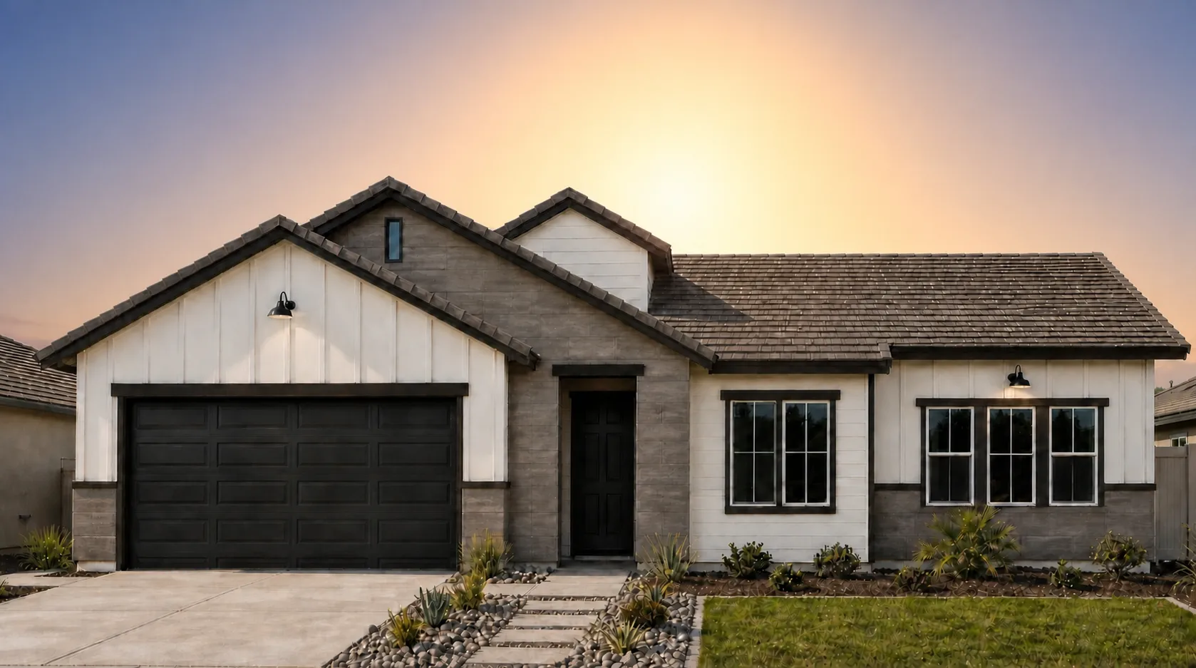 McKINLEY by Rise Homes El Paso Las Cruces natural golden-hour illuminated NEW home soft sunrise glow centered behind the home warm pale gold/peach near the horizon