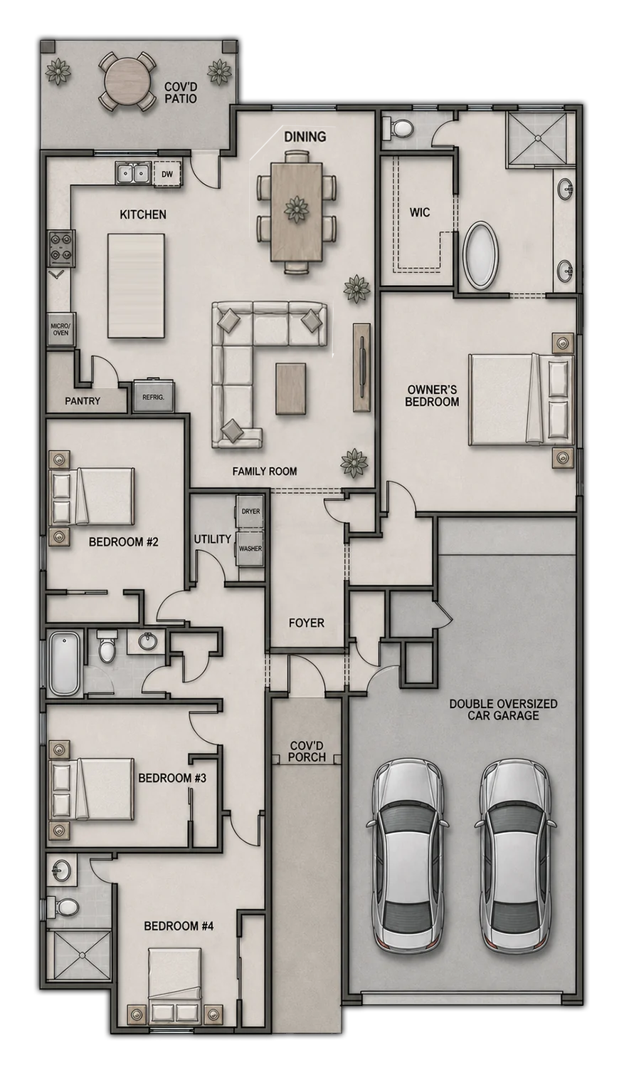 Illustrated OLYMPUS four-bedroom, three-bath floor plan with an easy-to-follow lifestyle flow from the covered porch and foyer through the family room, dining room and island kitchen with pot filler and pantry, then to the owner's suite with freestanding tub, three secondary bedrooms, utility room, covered patio and oversized two-car garage.