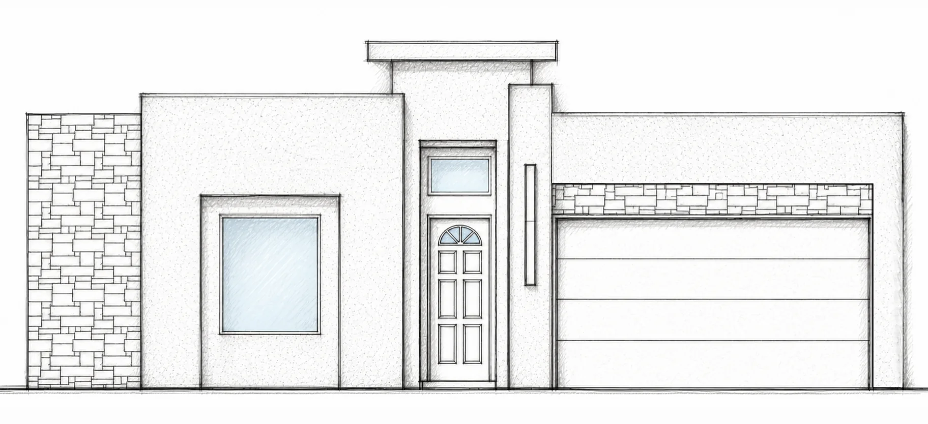 OLYMPUS A hand-drawn 2D architectural sketch of a contemporary flat-roof front elevation with a central entry tower and left stone accent wall.