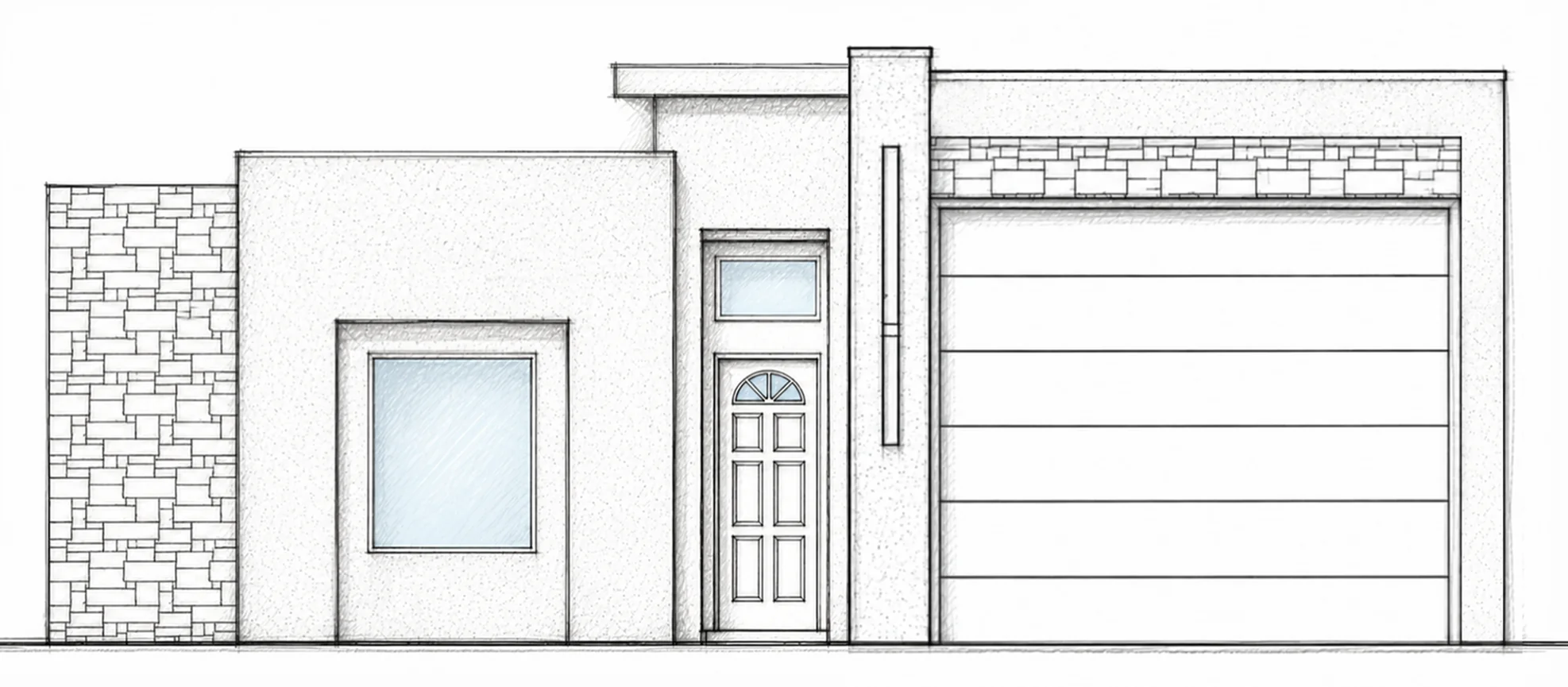 OLYMPUS A RV hand-drawn 2D architectural sketch of a reversed contemporary flat-roof front elevation with a left stone accent wall and large framed window.