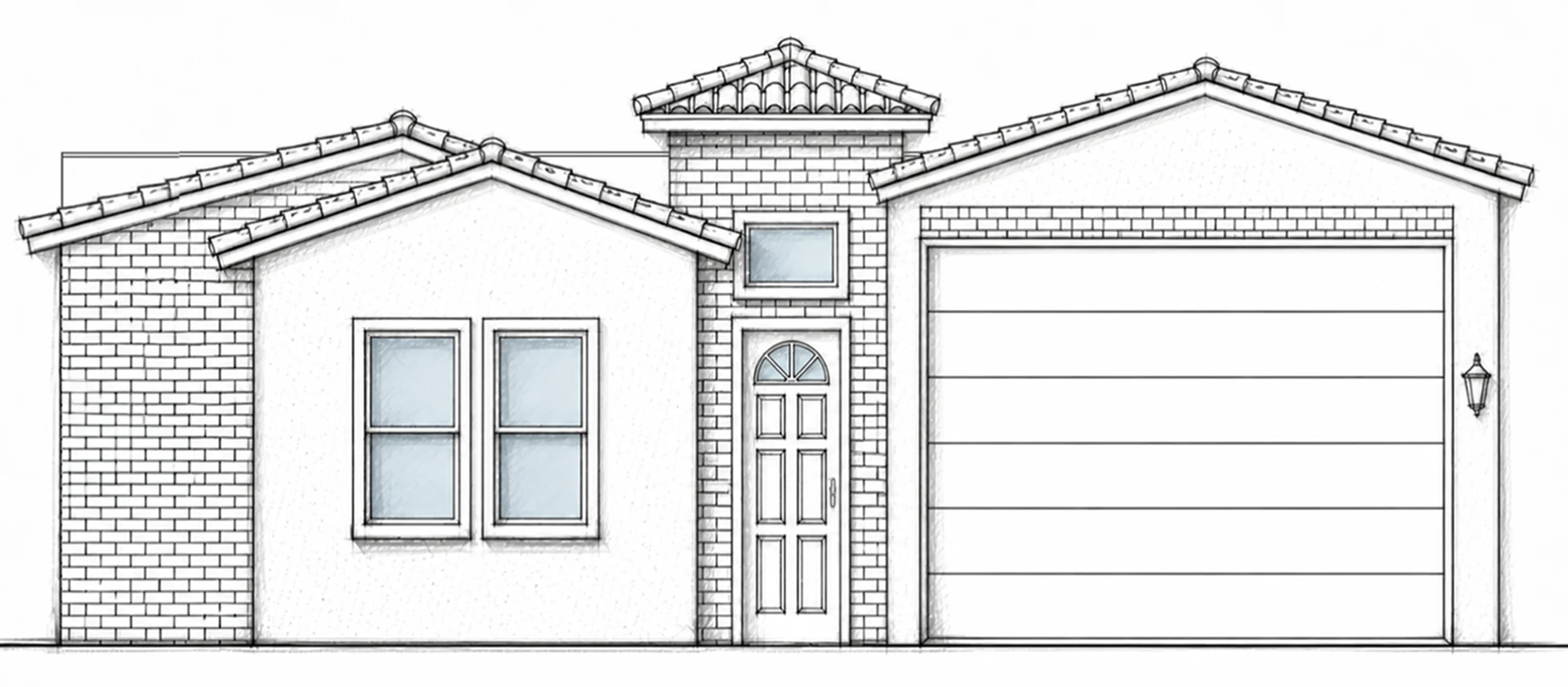 OLYMPUS B RV hand-drawn 2D architectural sketch of a reversed Spanish-inspired front elevation with layered clay-tile gables and brick accents.