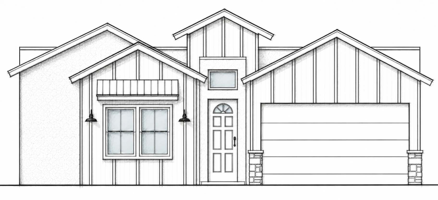 OLYMPUS C hand-drawn 2D architectural sketch of a modern farmhouse front elevation with layered gables and board-and-batten siding.