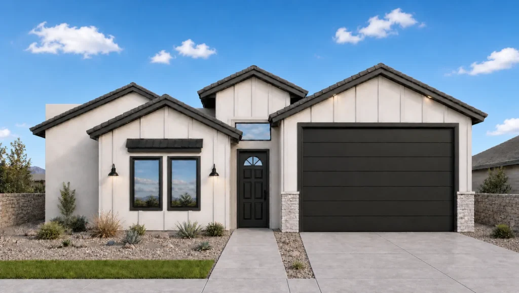 Olympus RV by Rise Homes with layered gables, centered entry, paired front windows, and a tall right-side RV garage.