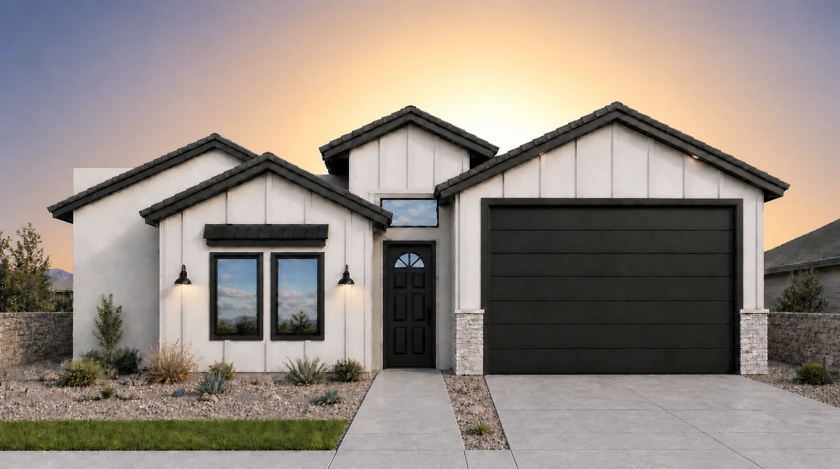 OLYMPUS RV by Rise Homes El Paso Las Cruces natural golden-hour illuminated NEW home soft sunrise glow centered behind the home warm pale gold/peach near the horizon