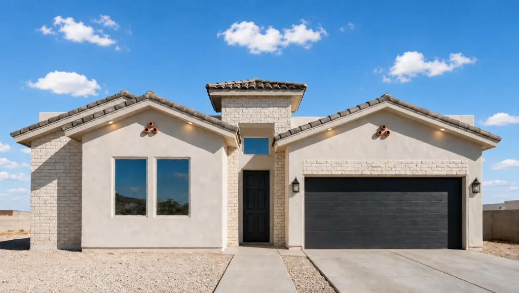 Olympus by Rise Homes with twin front gables, a raised central entry tower, light masonry accents, and right-side two-car garage.