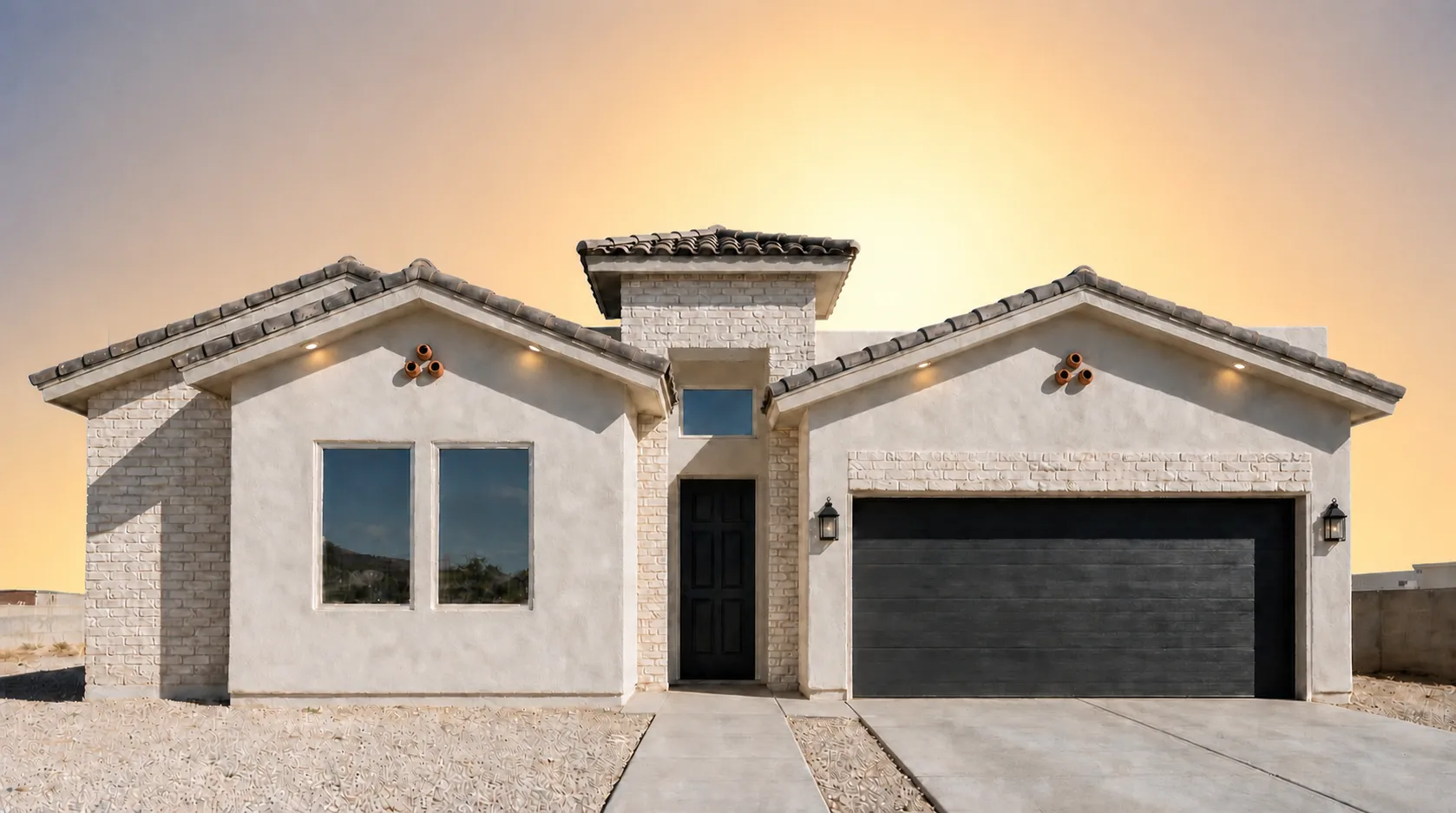 OLYMPUS by Rise Homes El Paso Las Cruces natural golden-hour illuminated NEW home soft sunrise glow centered behind the home warm pale gold/peach near the horizon