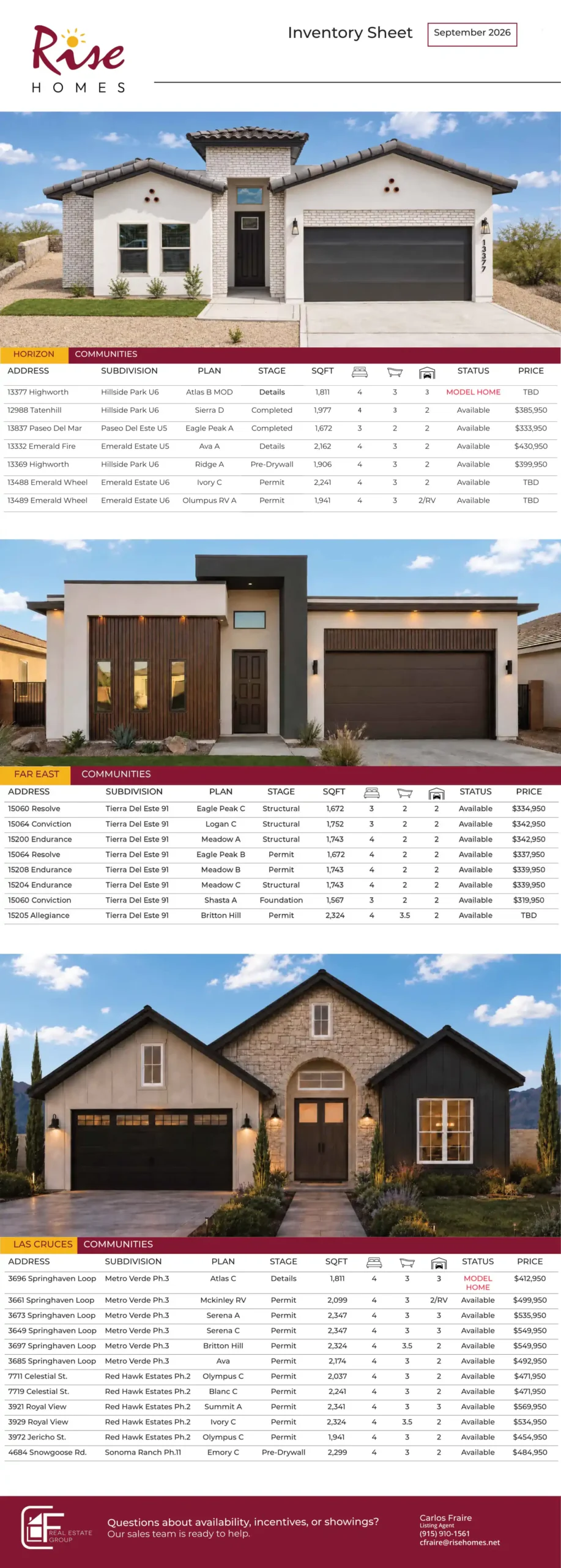 RISE Homes September 24th 2026 inventory sheet listing available homes across Horizon, Far East, and Las Cruces communities.