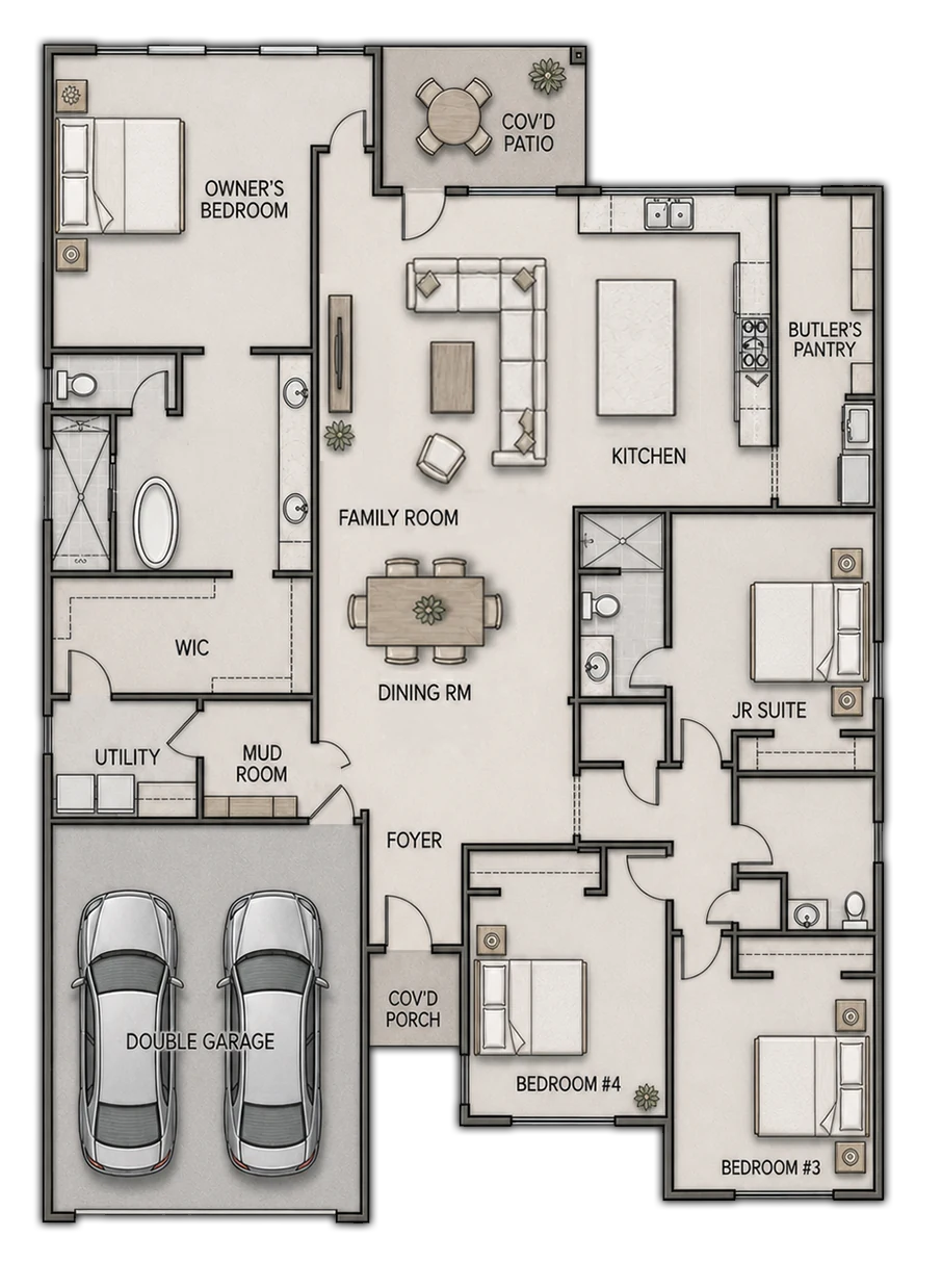 Illustrated SERENA four-bedroom, three-bath floor plan with an easy-to-follow lifestyle flow from the covered porch and foyer to the dining room, family room and gourmet island kitchen with pot filler and butler's pantry, followed by the owner's suite with freestanding tub, junior suite, secondary bedrooms, mud room, covered patio and two-car garage.
