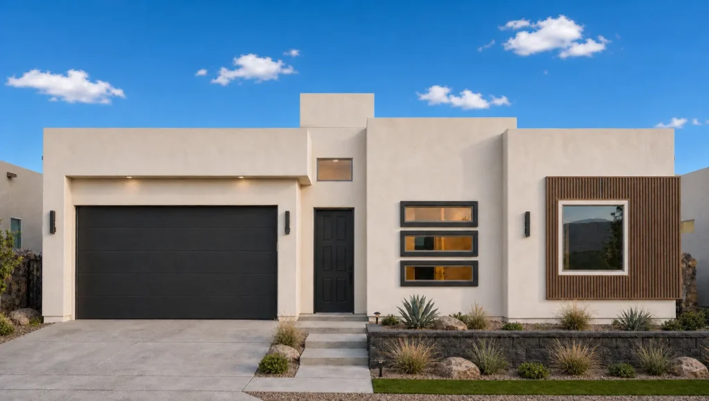 Serena 2-Car by Rise Homes with a flat-roof façade, left-side garage, central entry, stacked horizontal windows, and wood-framed picture window.