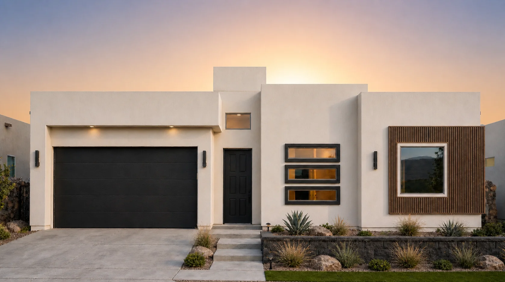SERENA 2-CAR by Rise Homes El Paso Las Cruces natural golden-hour illuminated NEW home soft sunrise glow centered behind the home warm pale gold/peach near the horizon