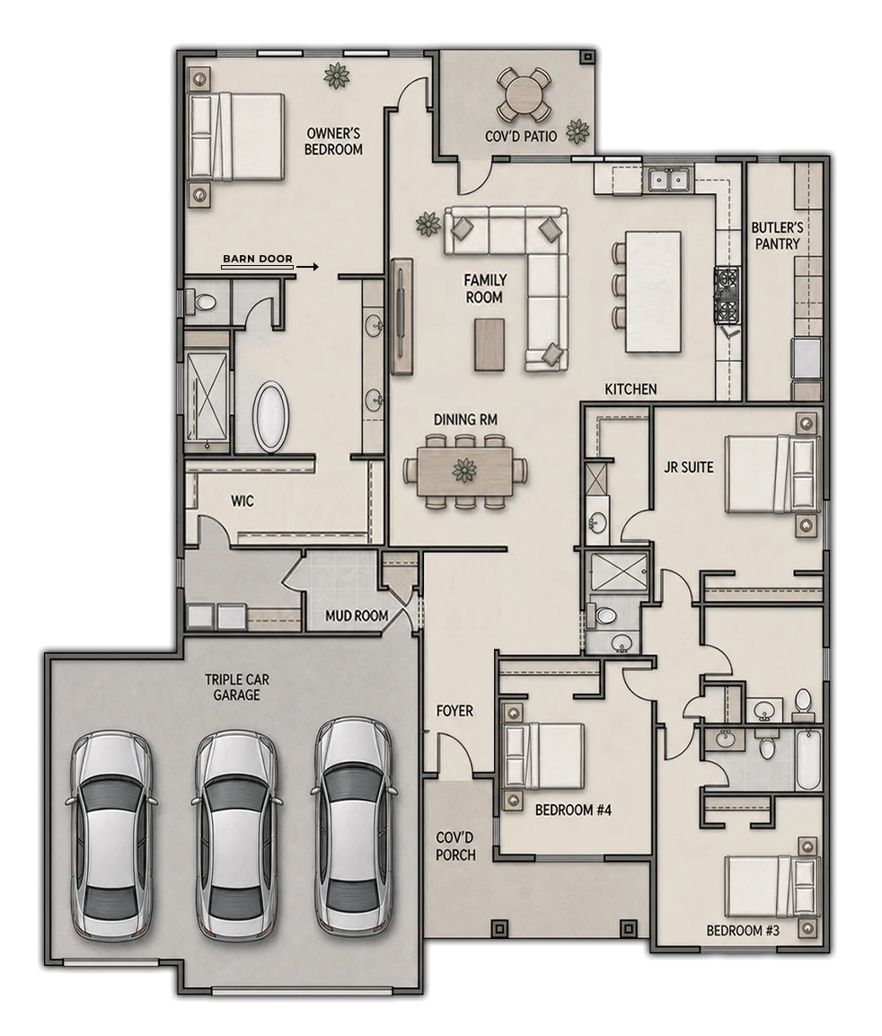 Illustrated SERENA four-bedroom, three-bath floor plan with an easy-to-follow lifestyle flow from the covered porch and foyer into the dining room, family room and gourmet island kitchen with pot filler and butler's pantry, then to the owner's suite with freestanding tub, junior suite, secondary bedrooms, mud room, covered patio and three-car garage.
