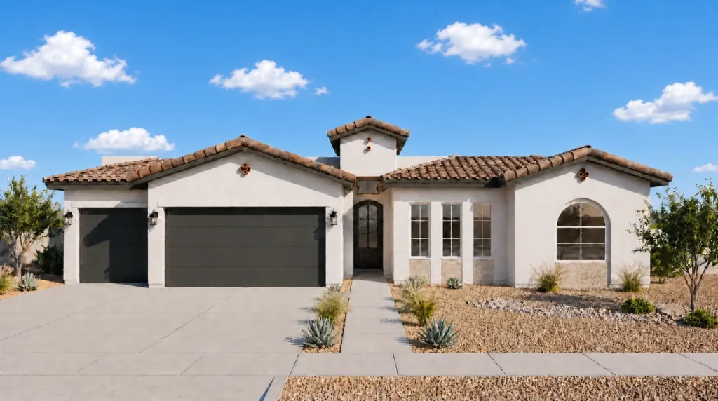 Serena 3-Car by Rise Homes with clay-tile rooflines, a central tower entry, separate single and double garage bays, and an arched front window.