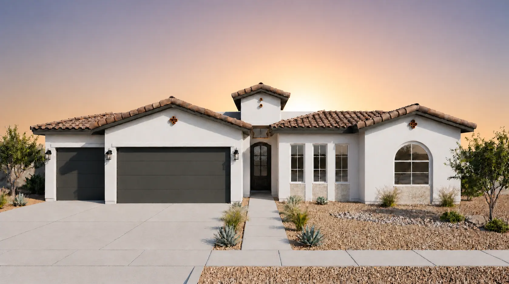 SERENA 3-CAR by Rise Homes El Paso Las Cruces natural golden-hour illuminated NEW home soft sunrise glow centered behind the home warm pale gold/peach near the horizon