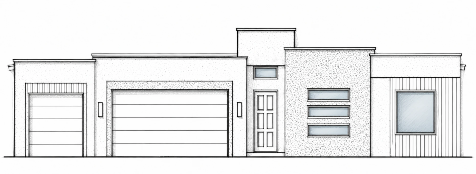 SERENA A 3-CAR hand-drawn 2D architectural sketch of a contemporary flat-roof front elevation with separate one- and two-car garage bays.