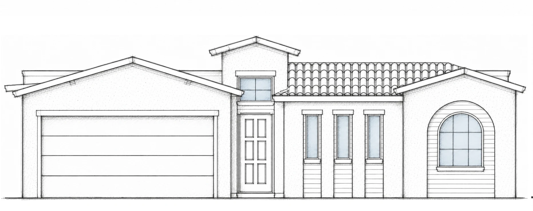 SERENA B hand-drawn 2D architectural sketch of a Spanish-inspired front elevation with layered gables and clay-tile roofing.