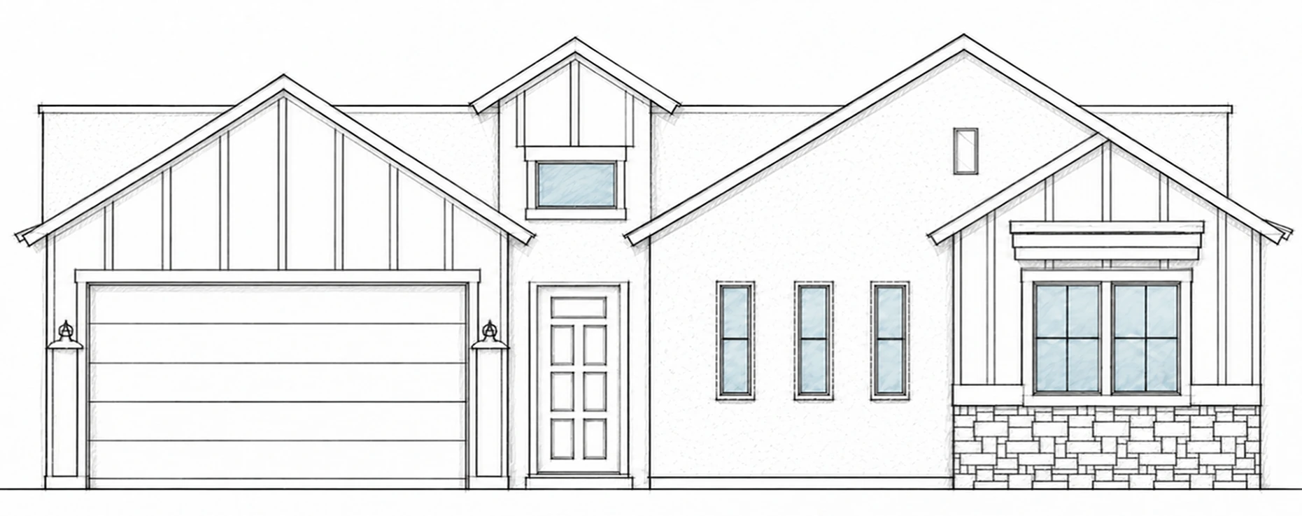 SERENA C hand-drawn 2D architectural sketch of a modern farmhouse front elevation with layered gables and a left two-car garage.