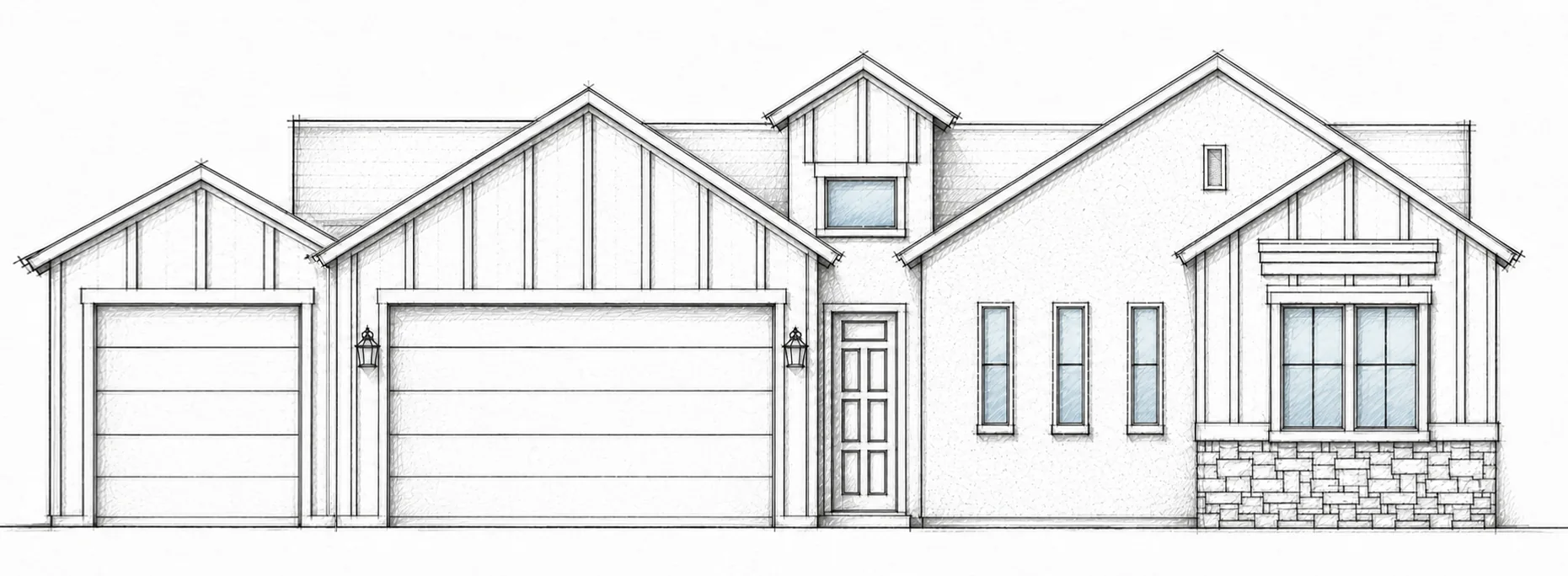 SERENA C 3-CAR hand-drawn 2D architectural sketch of a modern farmhouse front elevation with separate one- and two-car garage bays.