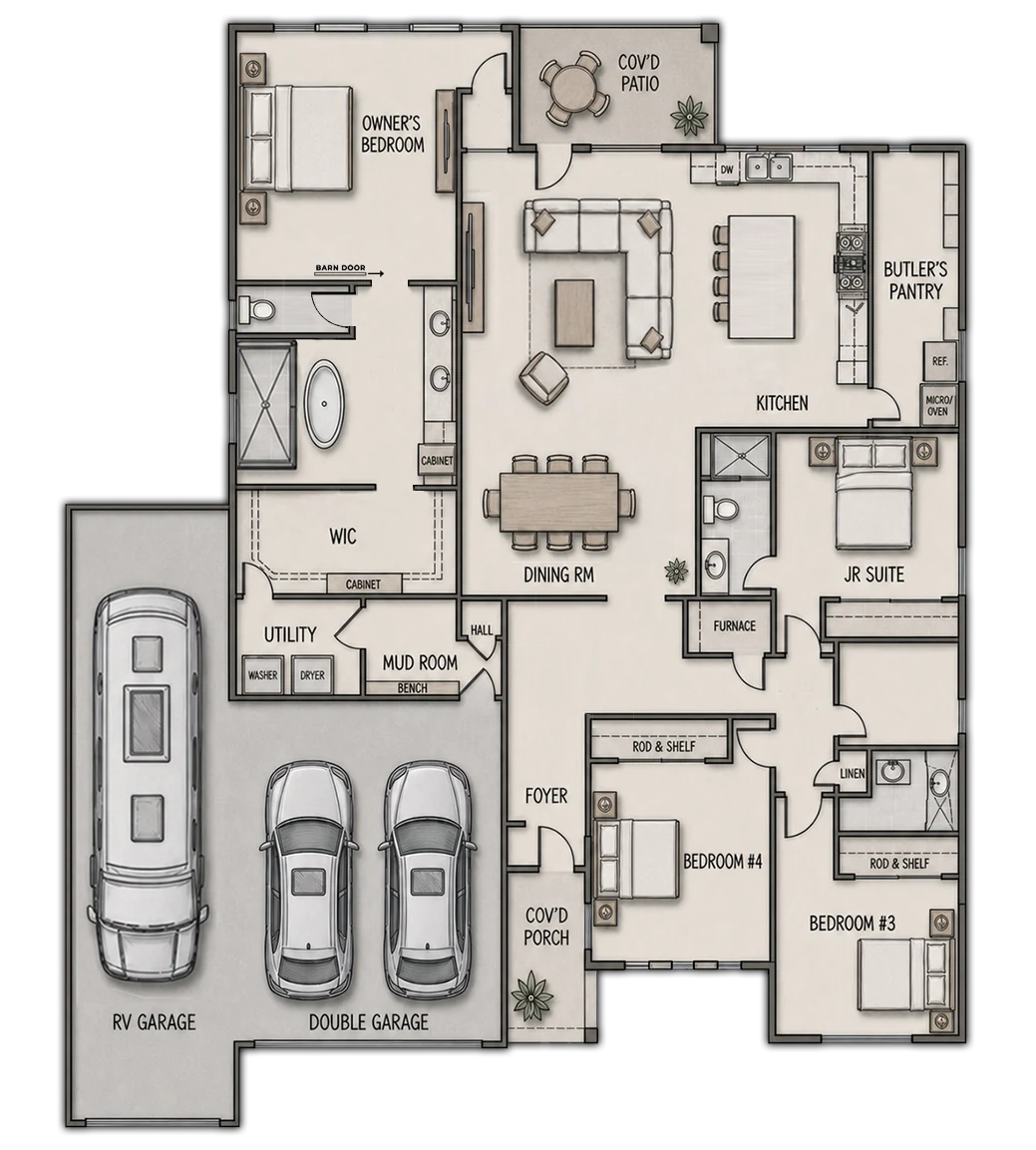 Illustrated SERENA RV four-bedroom, three-bath floor plan with an easy-to-follow lifestyle flow from the covered porch and foyer to open dining, family and gourmet kitchen spaces with pot filler and butler's pantry, then to the owner's suite with freestanding tub, junior suite, secondary bedrooms, mud room, covered patio, two-car garage and separate RV garage.