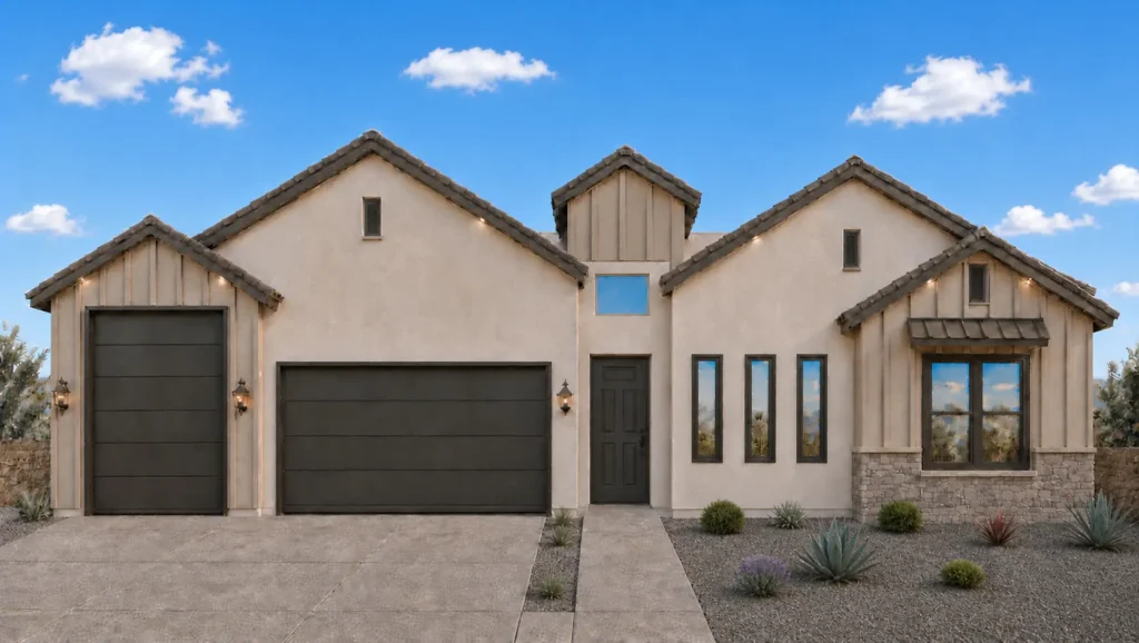 Serena RV by Rise Homes with multiple gables, a tall left RV bay, double garage, centered entry, and narrow front windows.