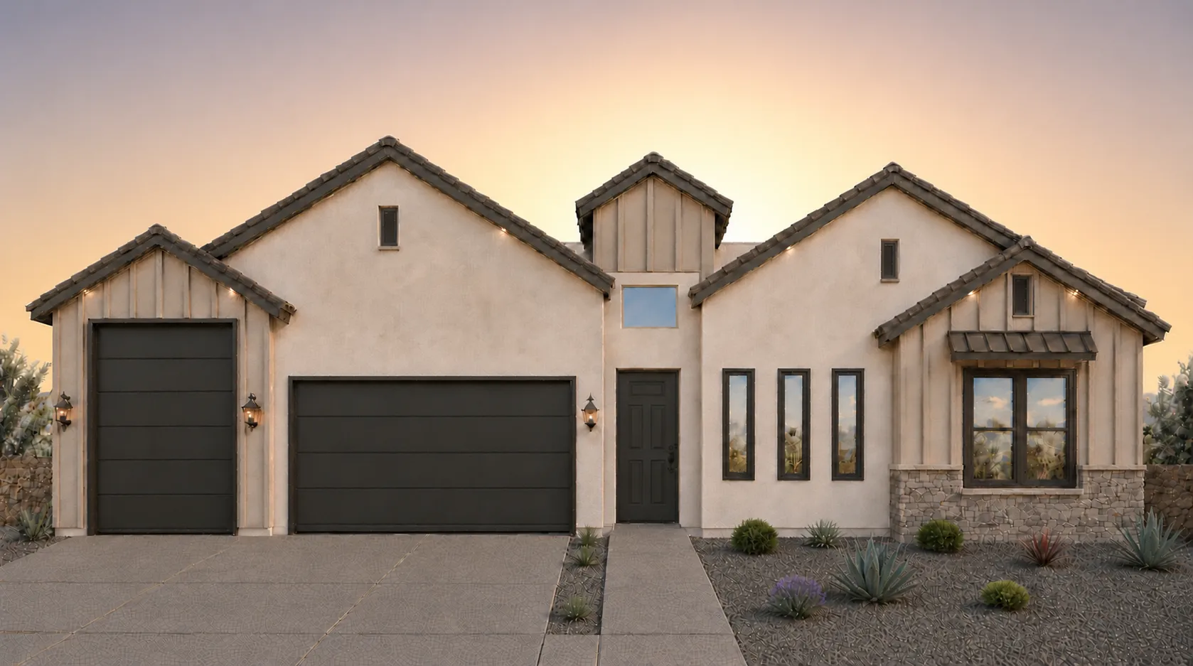 SERENA RV by Rise Homes El Paso Las Cruces natural golden-hour illuminated NEW home soft sunrise glow centered behind the home warm pale gold/peach near the horizon