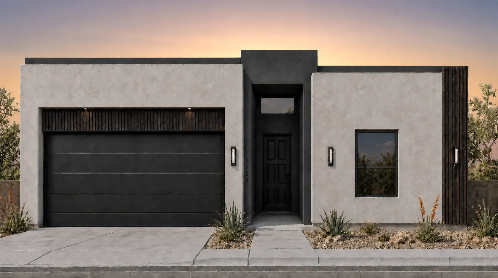 SHASTA by Rise Homes El Paso Las Cruces natural golden-hour illuminated NEW home soft sunrise glow centered behind the home warm pale gold/peach near the horizon