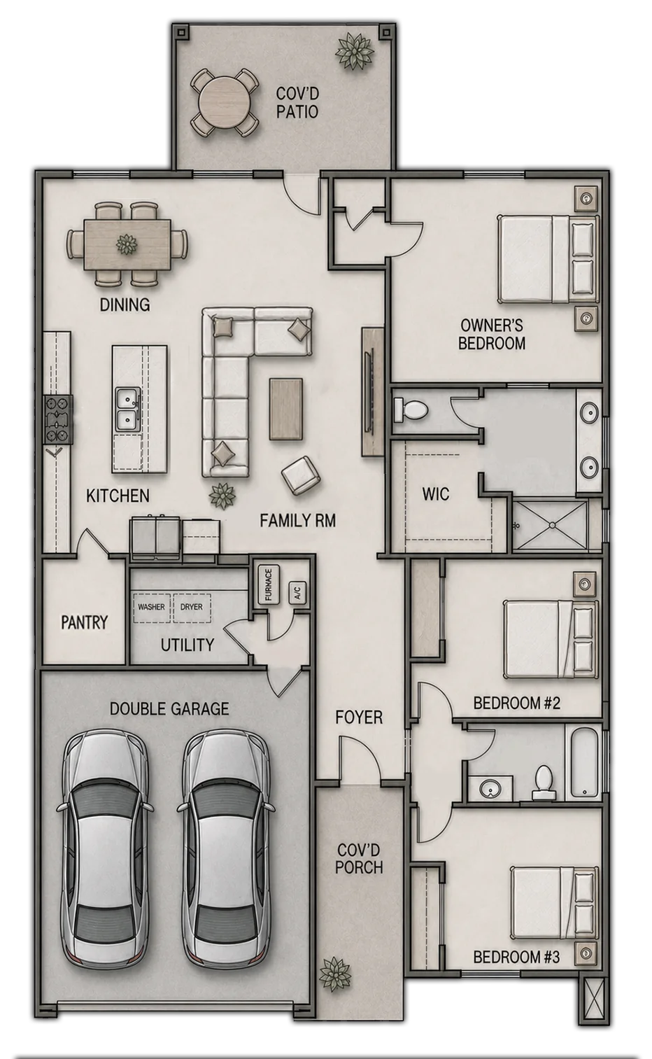 Illustrated SHASTA three-bedroom, two-bath floor plan with an easy-to-follow lifestyle flow from the covered porch and foyer to the family room, dining area and island kitchen with pot filler and pantry, then to the owner's suite with walk-in closet and shower, two secondary bedrooms, utility room, covered patio and two-car garage.