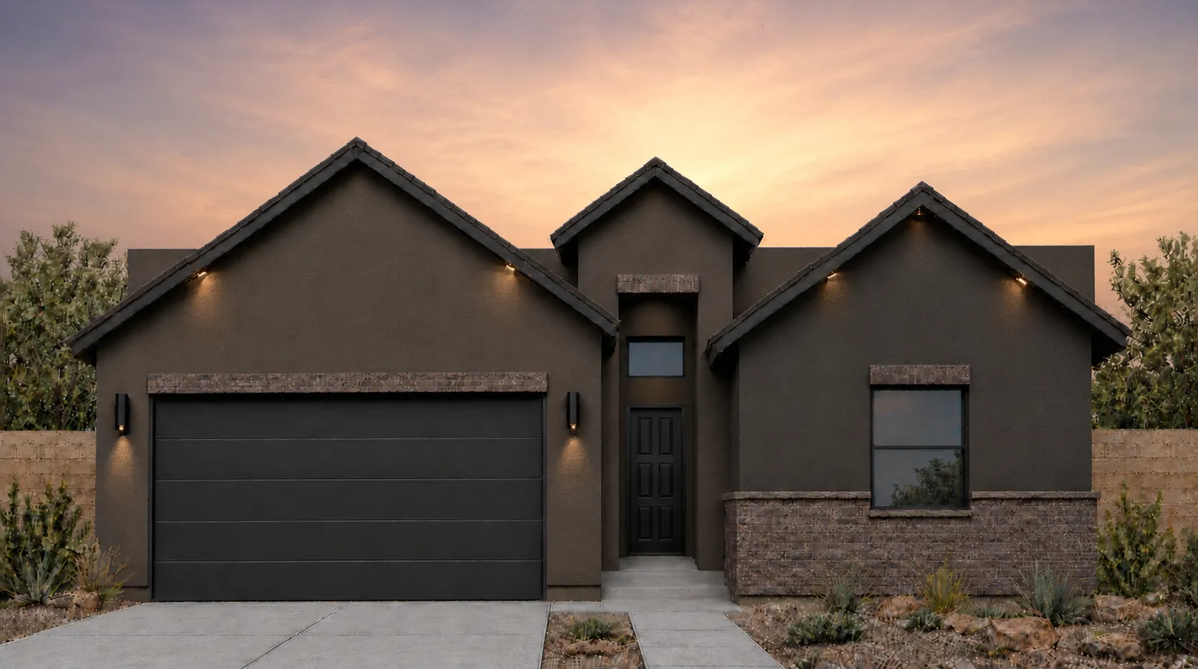 SHASTA-BRICK by Rise Homes El Paso Las Cruces natural golden-hour illuminated NEW home soft sunrise glow centered behind the home warm pale gold/peach near the horizon