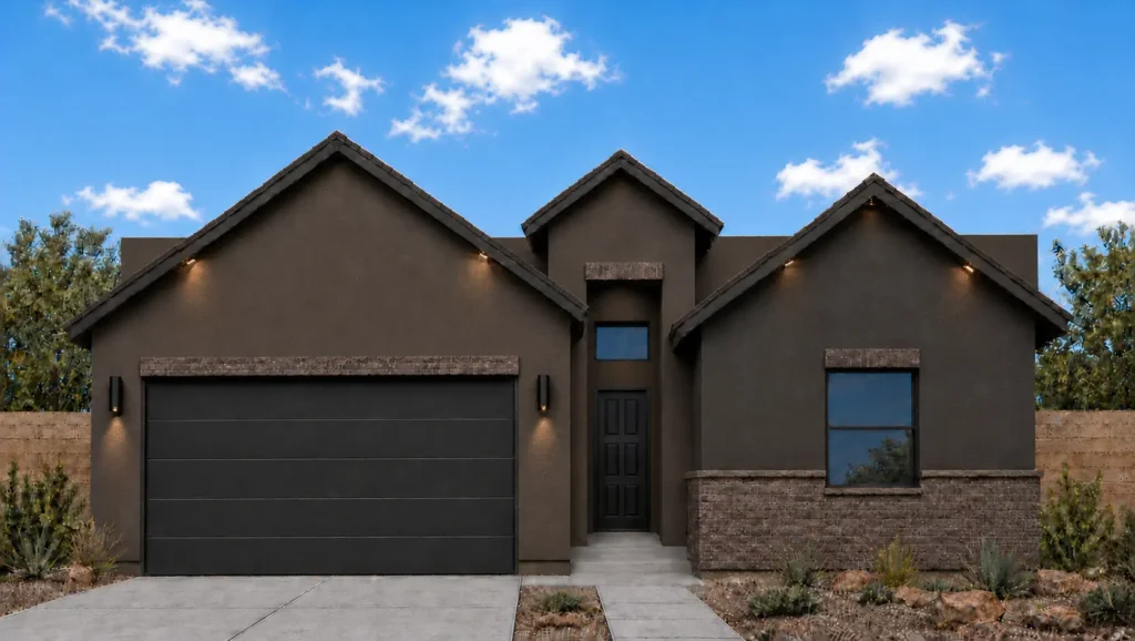 Shasta Brick by Rise Homes with three dark gables, a recessed central entry, left-side two-car garage, and brick-accented front window.