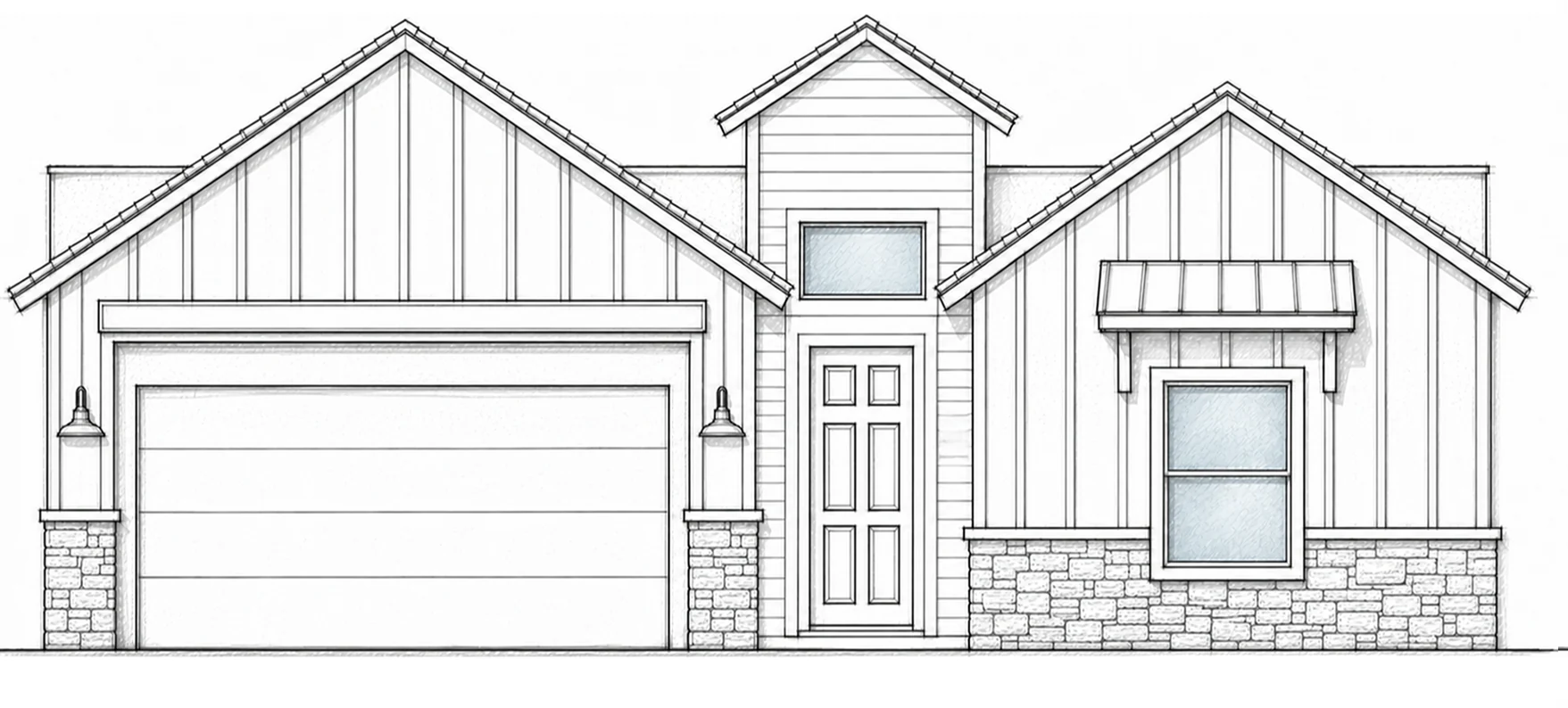 SHASTA C hand-drawn 2D architectural sketch of a modern farmhouse front elevation with three prominent gables and board-and-batten siding.