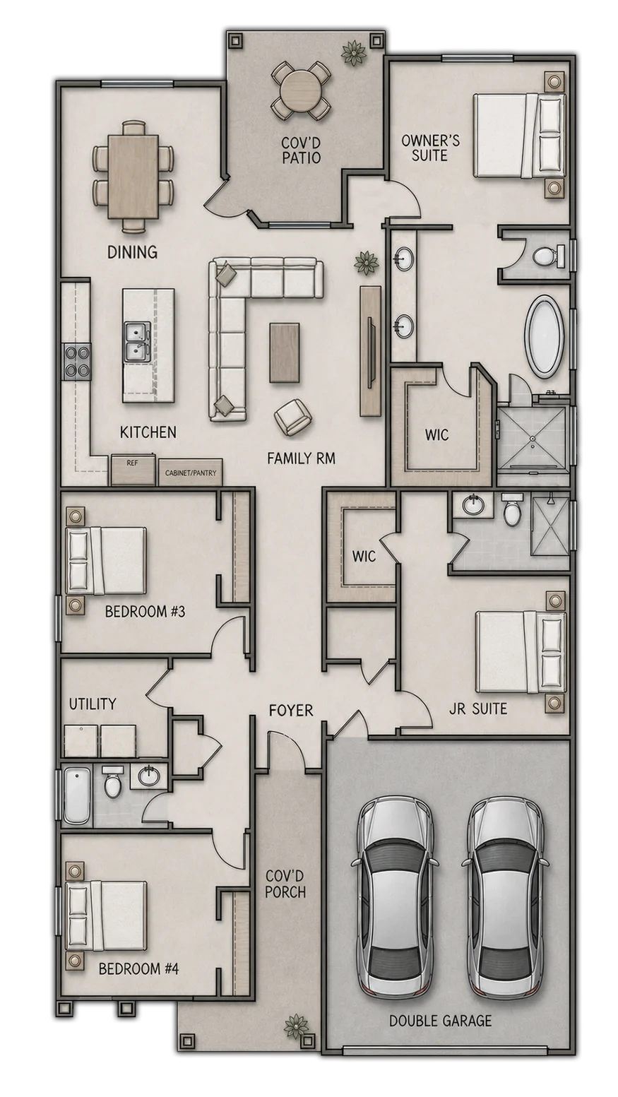 Illustrated SIERRA four-bedroom, three-bath floor plan with an easy-to-follow lifestyle flow from the covered porch and foyer to the family room, dining area and island kitchen with pot filler, then to the owner's suite with freestanding tub, junior suite, two secondary bedrooms, utility room, covered patio and two-car garage.