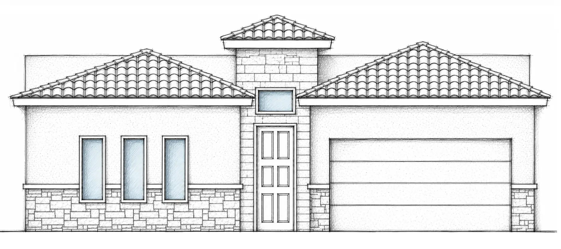 SIERRA B hand-drawn 2D architectural sketch of a Spanish-inspired front elevation with broad clay-tile rooflines and a stone-clad central entry tower.