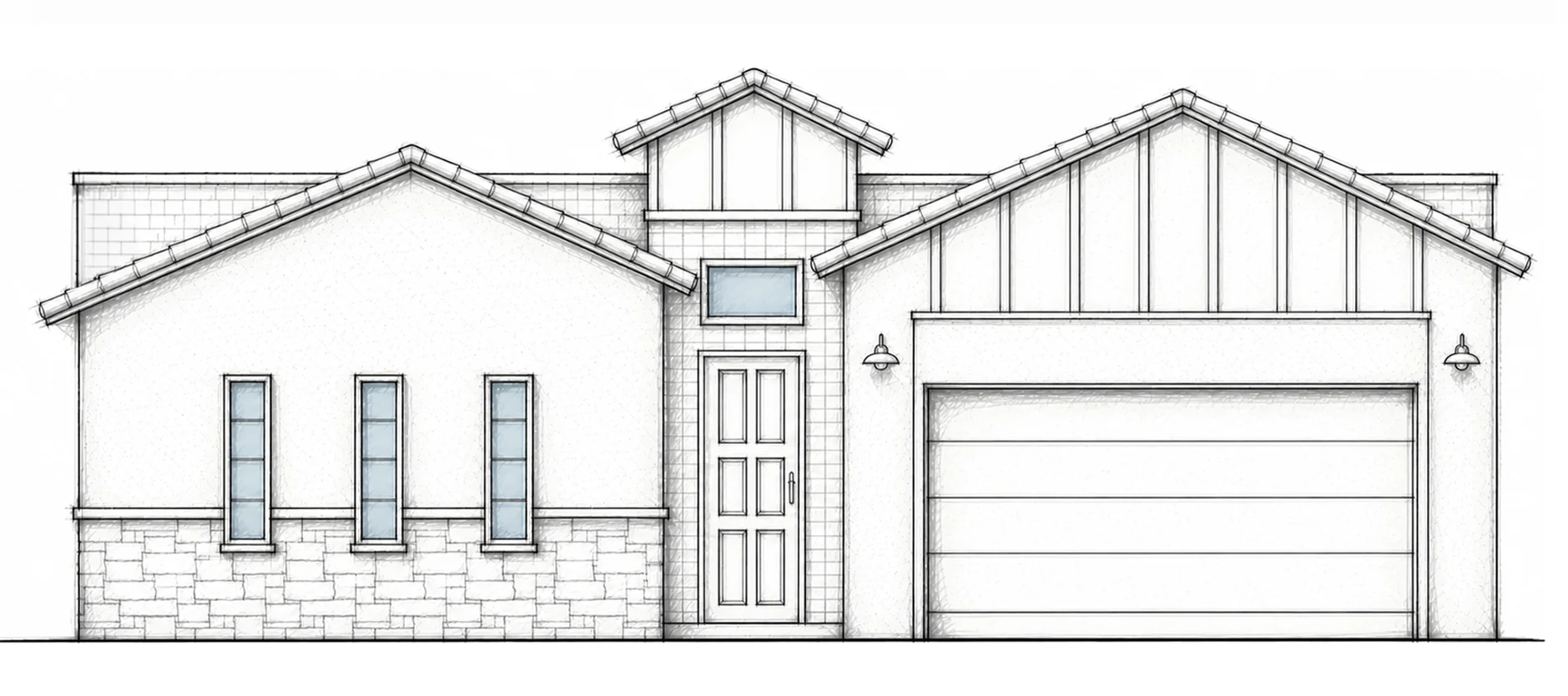 SIERRA C hand-drawn 2D architectural sketch of a transitional front elevation with layered clay-tile gables and three narrow windows.