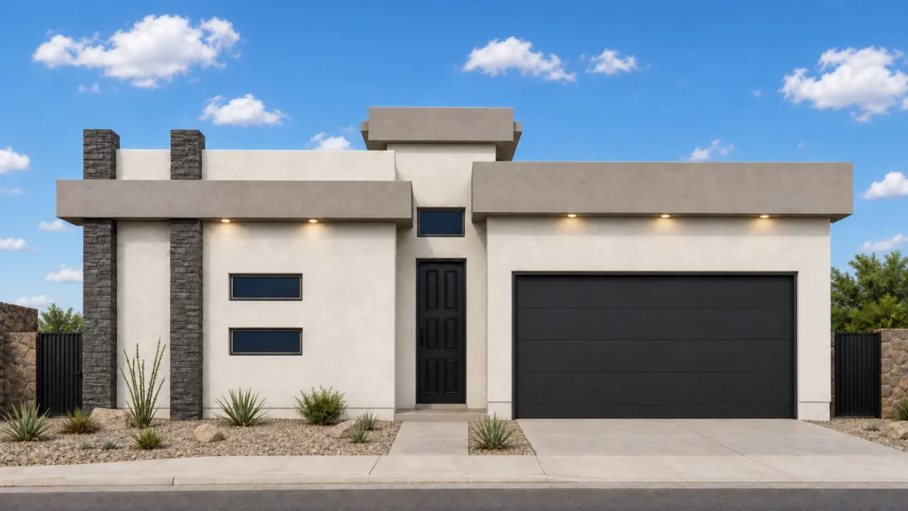 Sierra by Rise Homes with layered flat-roof volumes, central tower entry, twin stone piers, horizontal windows, and right-side two-car garage.