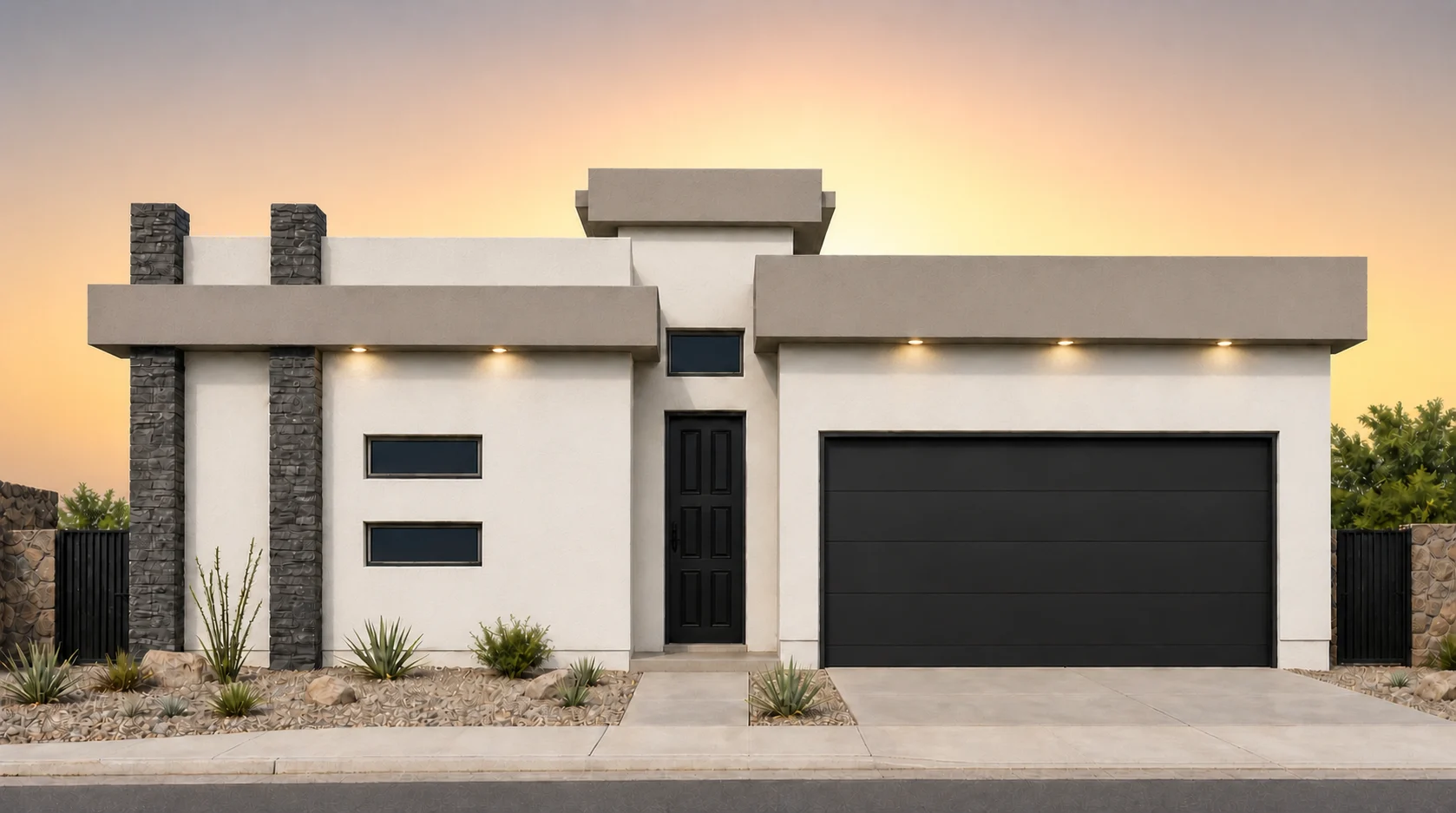 SIERRA by Rise Homes El Paso Las Cruces natural golden-hour illuminated NEW home soft sunrise glow centered behind the home warm pale gold/peach near the horizon