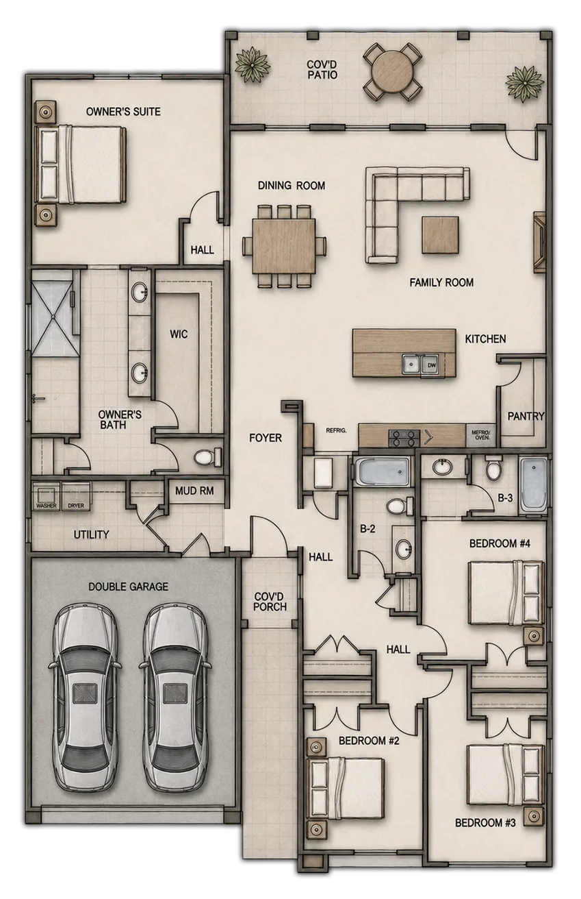 Illustrated SILK four-bedroom, three-bath floor plan with an easy-to-follow flow from the covered porch and foyer into the dining room, family room and island kitchen, followed by the owner’s suite, three secondary bedrooms, mud and utility rooms, covered patio and two-car garage.