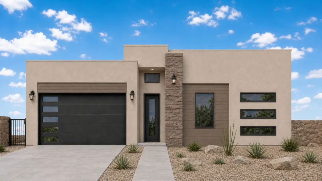 Silk by Rise Homes with a low flat-roof façade, recessed entry, vertical stone accent, and two-car garage with narrow windows.
