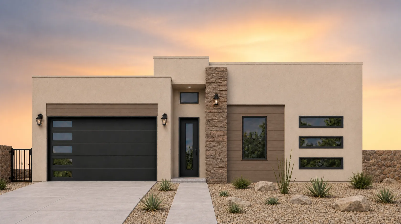SILK by Rise Homes El Paso Las Cruces natural golden-hour illuminated NEW home soft sunrise glow centered behind the home warm pale gold/peach near the horizon